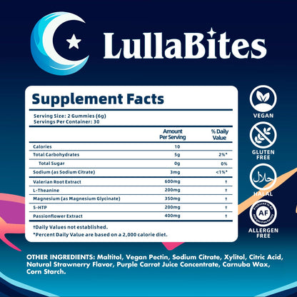 LullaBites Gomitas Naturales para Dormir – Sin Melatonina, 5-HTP y L-Teanina | Veganas y Halal | Fresa | 60 Gomitas