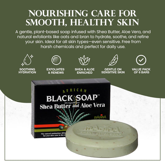 Madina African Black Soap Bar — Shea Butter & Aloe 6-Pack - Calm Era