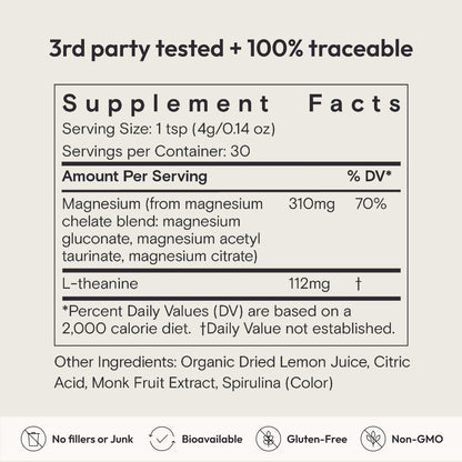 Moon Juice Magnesi-Om Magnesio en polvo – Magnesio quelado + L-Teanina para el descanso, la relajación y la regularidad – Vegano y sin OMG – Limón azul, 4.2 oz