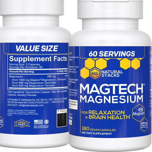 MagTech Magnesium Complex - 3-Form Magnesium (Magtein L-Threonate, Glycinate & Taurate) 200mg, 180 Capsules | NATURAL STACKS - Calm Era