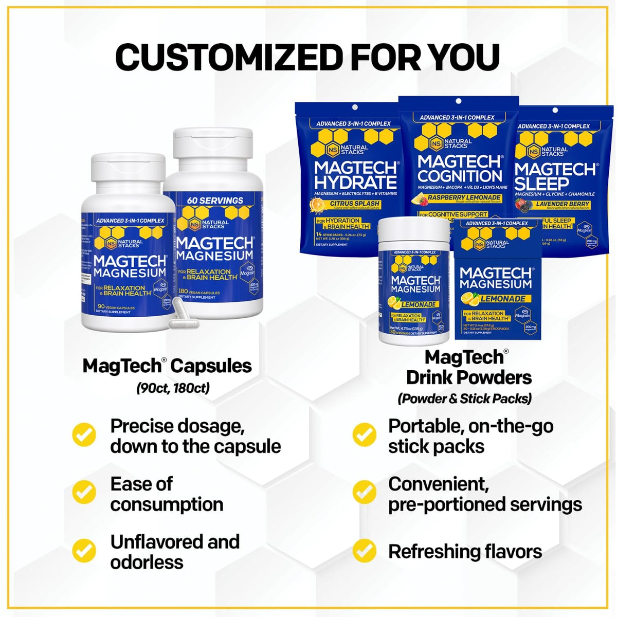 MagTech Magnesium Complex - 3-Form Magnesium (Magtein L-Threonate, Glycinate & Taurate) 200mg, 180 Capsules | NATURAL STACKS - Calm Era