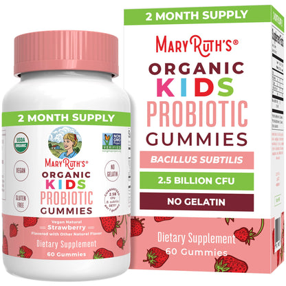 MaryRuth's Organic Kids Probiotic Gummies packaging with bottle and box on a white background