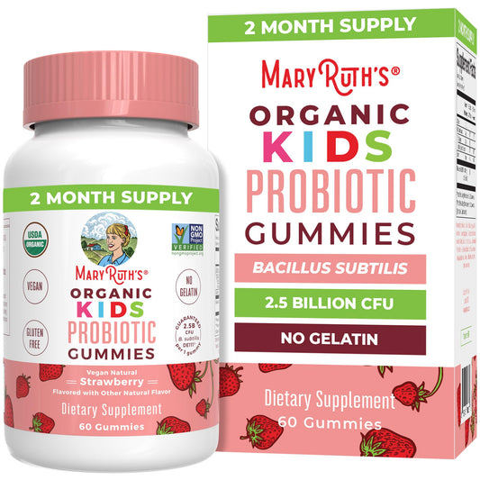 MaryRuth's Organic Kids Probiotic Gummies packaging with bottle and box on a white background