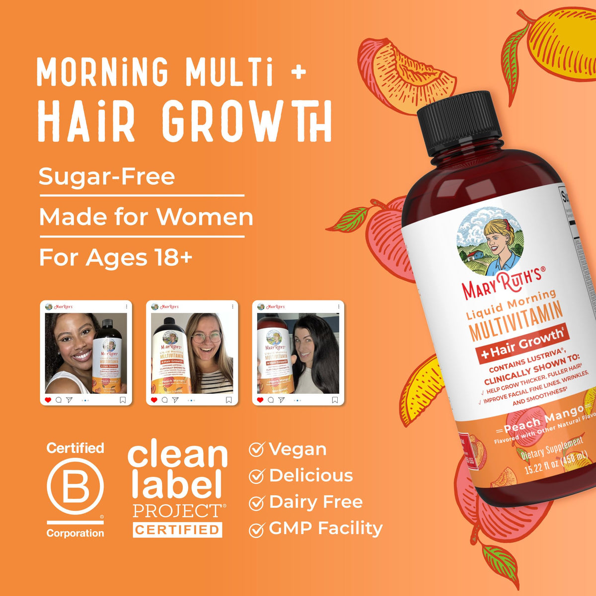 Multivitamínico líquido MaryRuth Organics + Crecimiento del cabello | Biotina 10000mcg | Lustriva para un cabello más grueso
