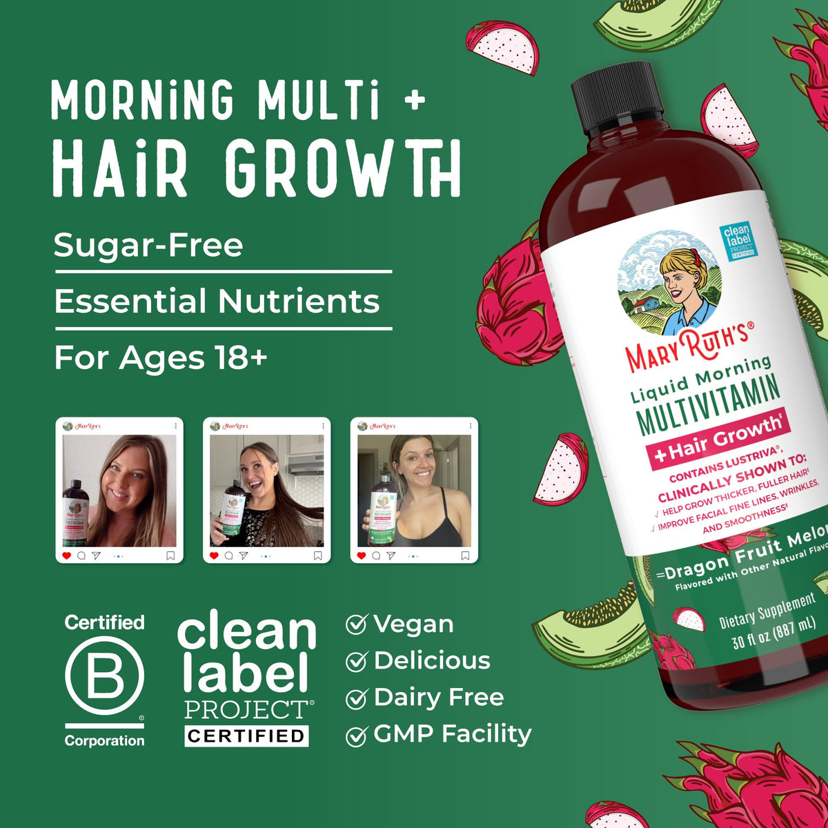 Multivitamínico líquido MaryRuth Organics + Lustriva para el crecimiento del cabello en mujeres