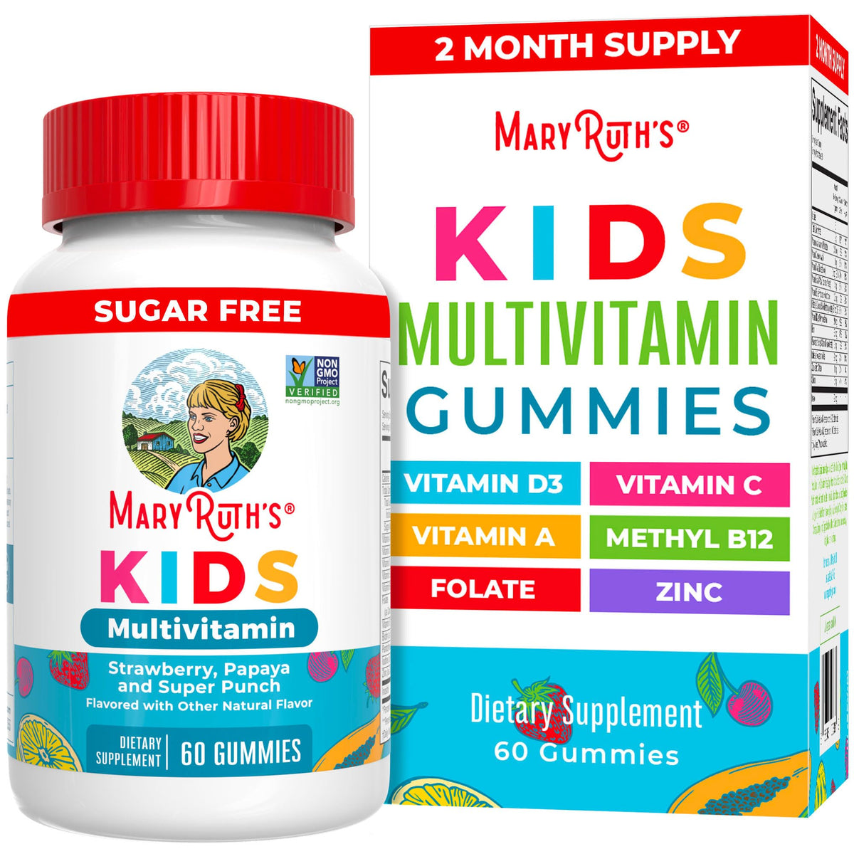 Mary Ruth's Kids Multivitamin Gummies bottle and packaging on a white background
