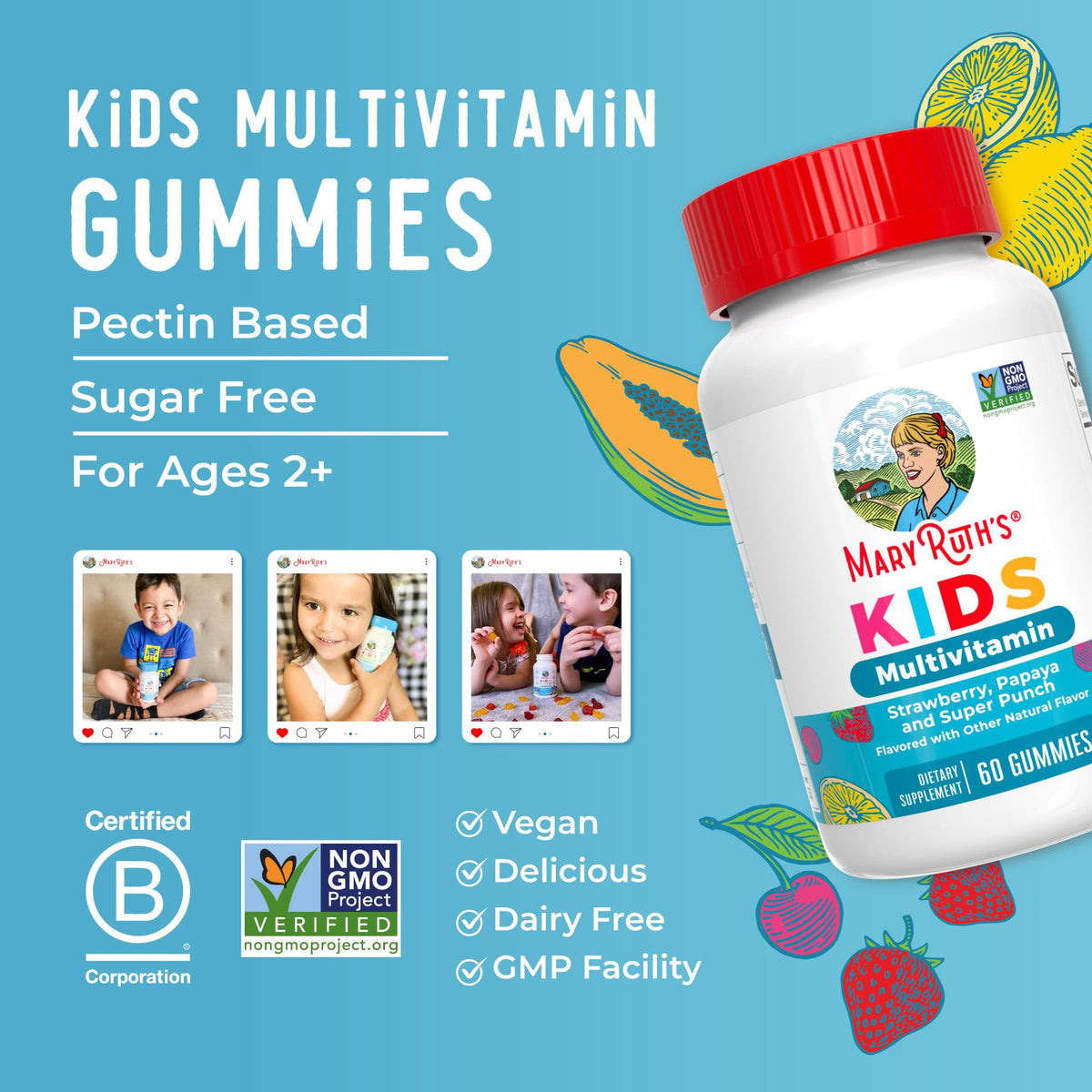 Gomitas multivitamínicas para niños MaryRuth Organics – Sin azúcar, veganas | A partir de 2 años | 60 unidades