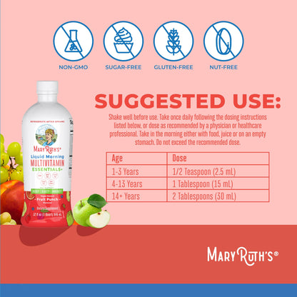 Multivitamínico líquido matutino Essentials+ de MaryRuth Organics – Vegano, sin azúcar, 946 ml | Apoyo inmunitario y energético