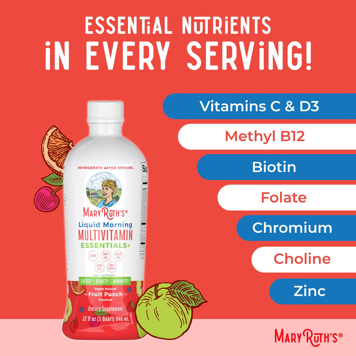 Multivitamínico líquido matutino Essentials+ de MaryRuth Organics – Vegano, sin azúcar, 946 ml | Apoyo inmunitario y energético