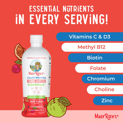 Multivitamínico líquido matutino Essentials+ de MaryRuth Organics – Vegano, sin azúcar, 946 ml | Apoyo inmunitario y energético