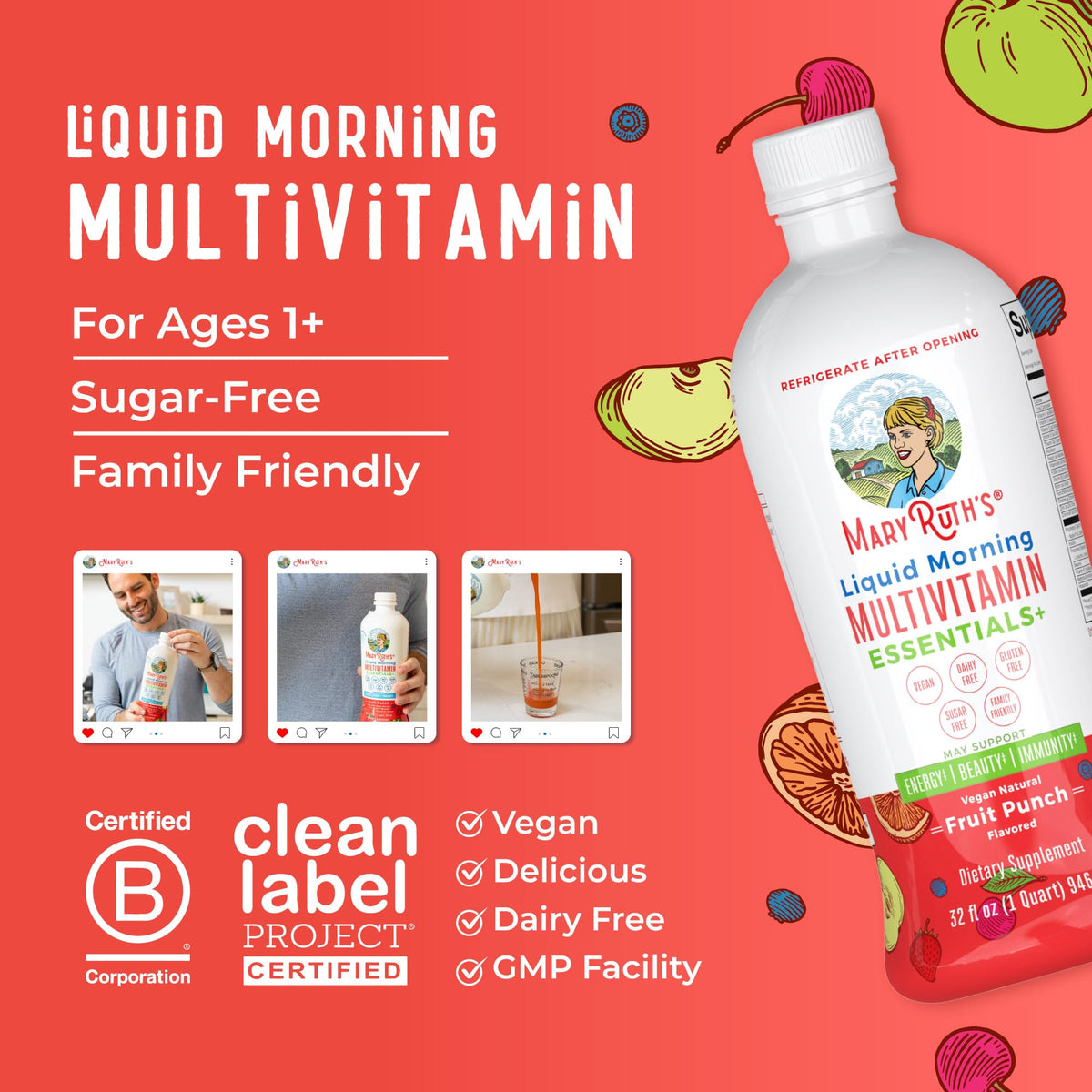 Multivitamínico líquido matutino Essentials+ de MaryRuth Organics – Vegano, sin azúcar, 946 ml | Apoyo inmunitario y energético