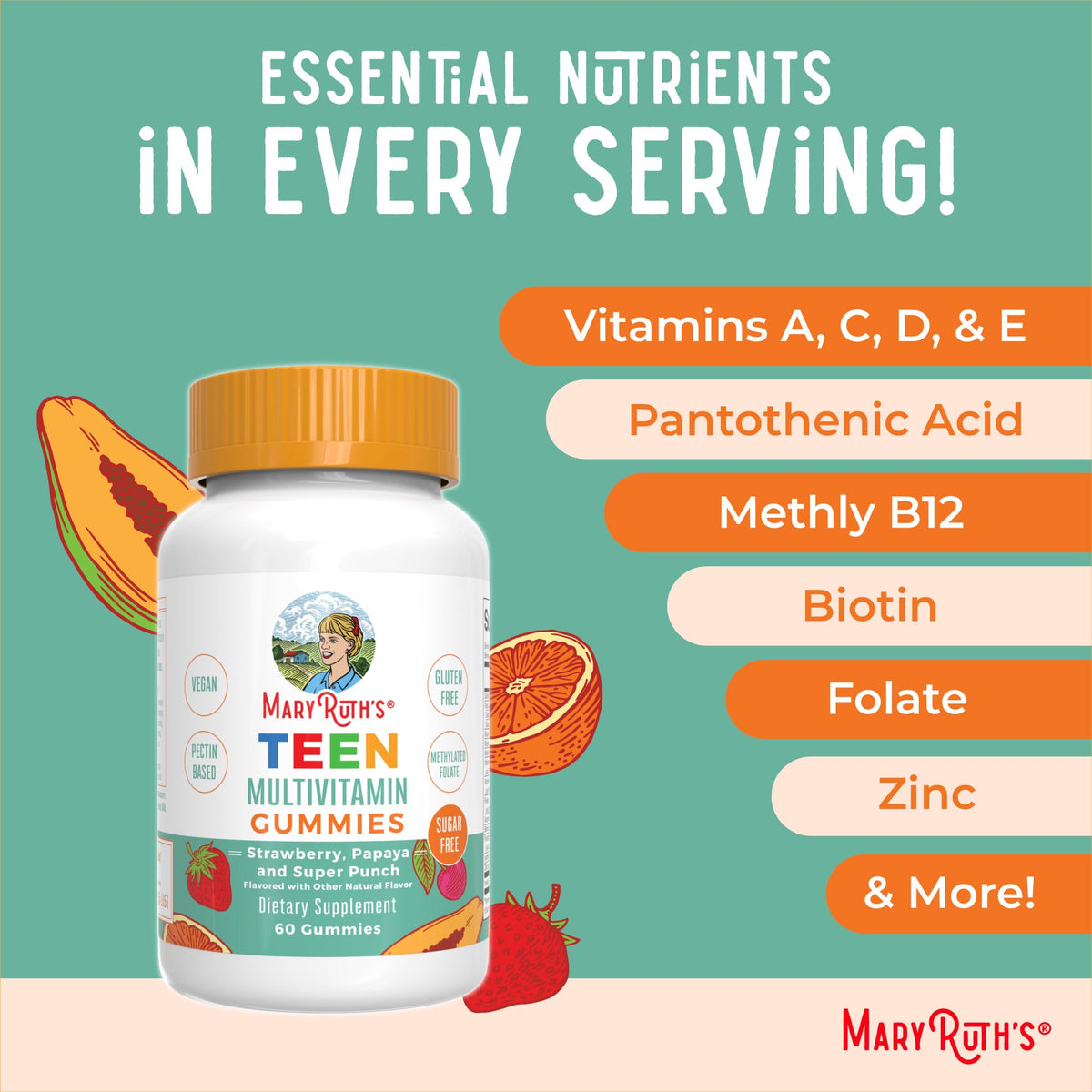 Gomitas multivitamínicas para adolescentes de MaryRuth Organics – Veganas, sin azúcar, sin gluten | 60 unidades