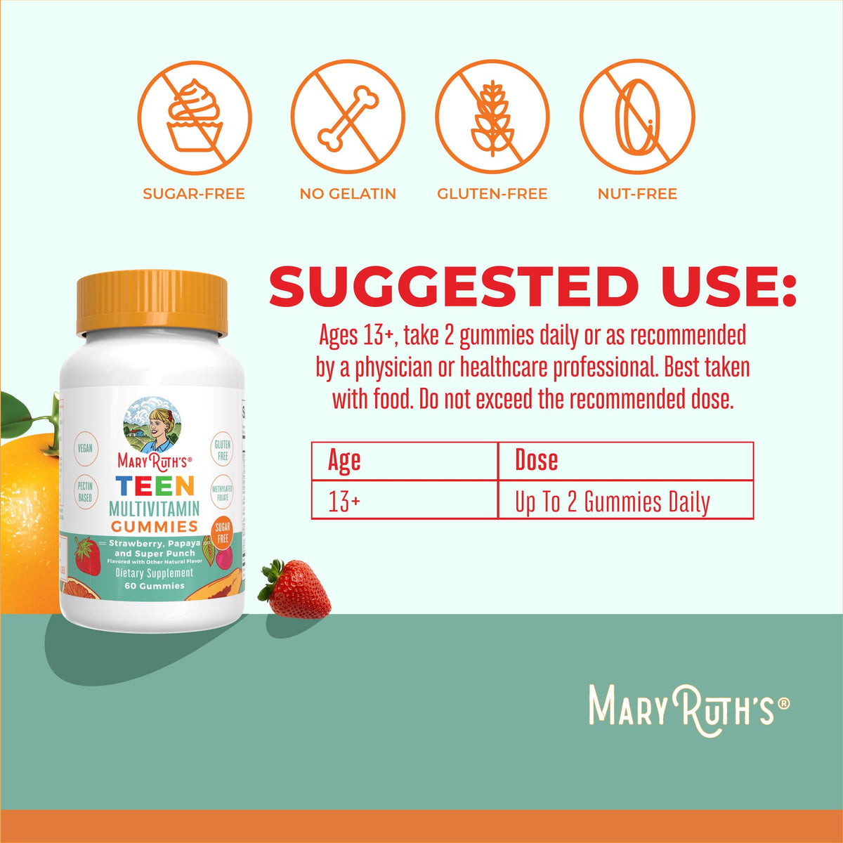 Gomitas multivitamínicas para adolescentes de MaryRuth Organics – Veganas, sin azúcar, sin gluten | 60 unidades