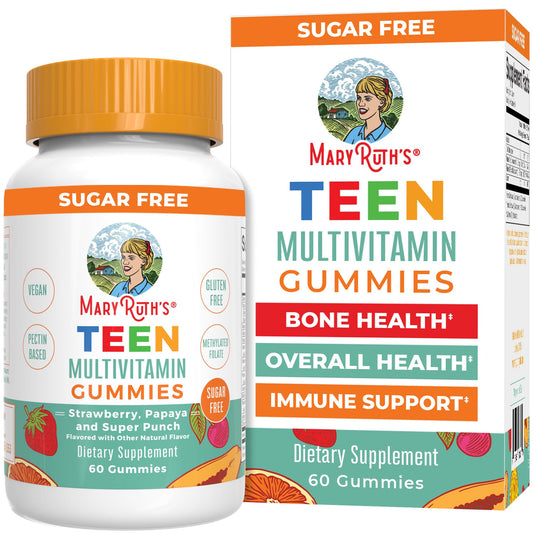 Mary Ruth's Teen Multivitamin Gummies packaging with bottle and box on a white background