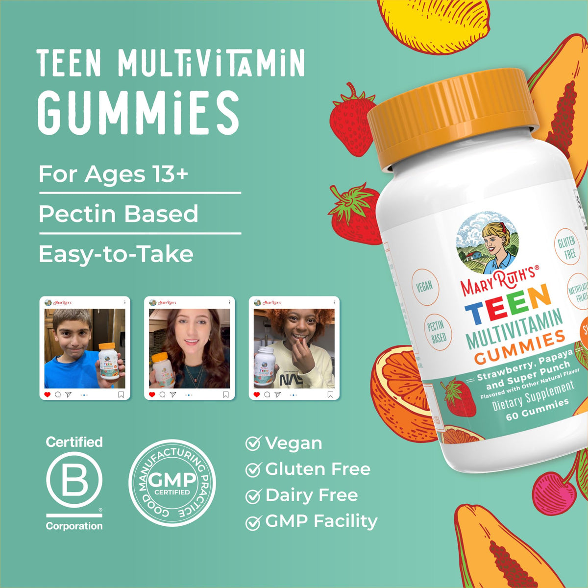 Gomitas multivitamínicas para adolescentes de MaryRuth Organics – Veganas, sin azúcar, sin gluten | 60 unidades