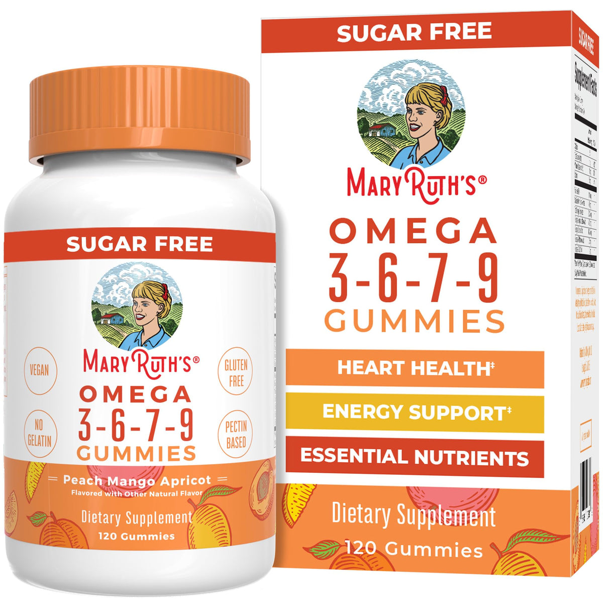 Mary Ruth's Omega 3-6-7-9 Gummies packaging with bottle and box on a white background