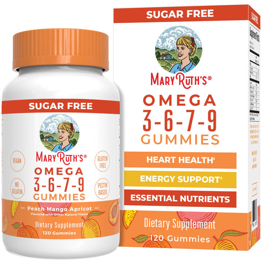 Mary Ruth's Omega 3-6-7-9 Gummies packaging with bottle and box on a white background
