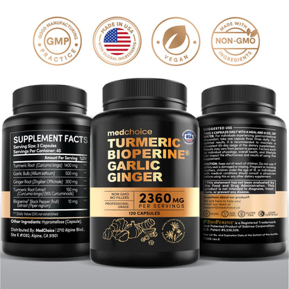 MEDCHOICE 4-in-1 Turmeric and Garlic with BioPerine – 2360mg Turmeric Ginger Capsules, 120 Count (Pack of 2) - Calm Era