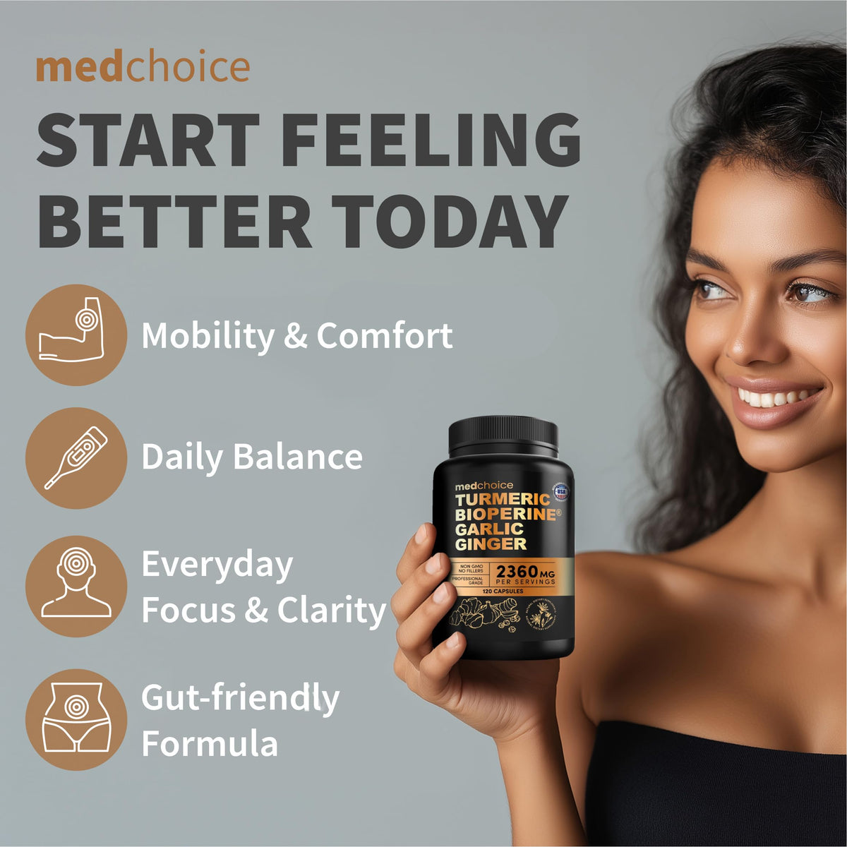 MEDCHOICE 4-in-1 Turmeric and Garlic with BioPerine – 2360mg Turmeric Ginger Capsules, 120 Count (Pack of 2) - Calm Era