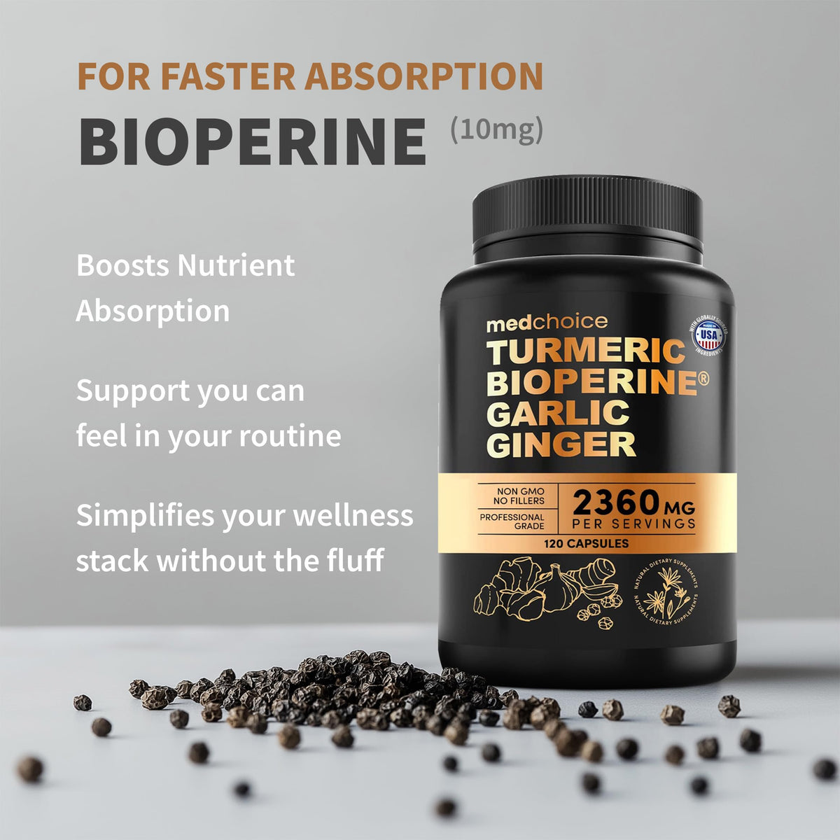 MEDCHOICE 4-in-1 Turmeric and Garlic with BioPerine – 2360mg Turmeric Ginger Capsules, 120 Count (Pack of 2) - Calm Era