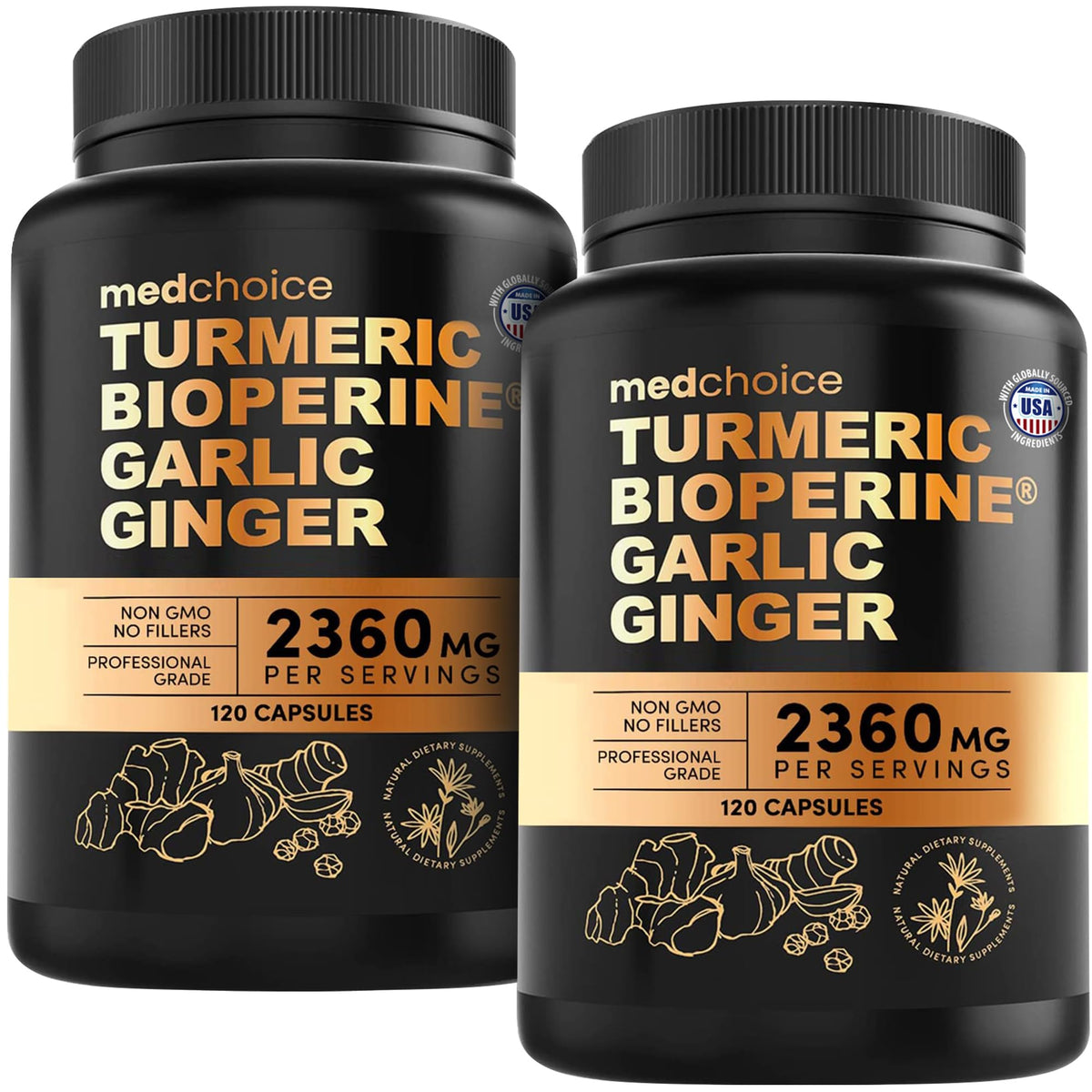 MEDCHOICE 4-in-1 Turmeric and Garlic with BioPerine – 2360mg Turmeric Ginger Capsules, 120 Count (Pack of 2) - Calm Era