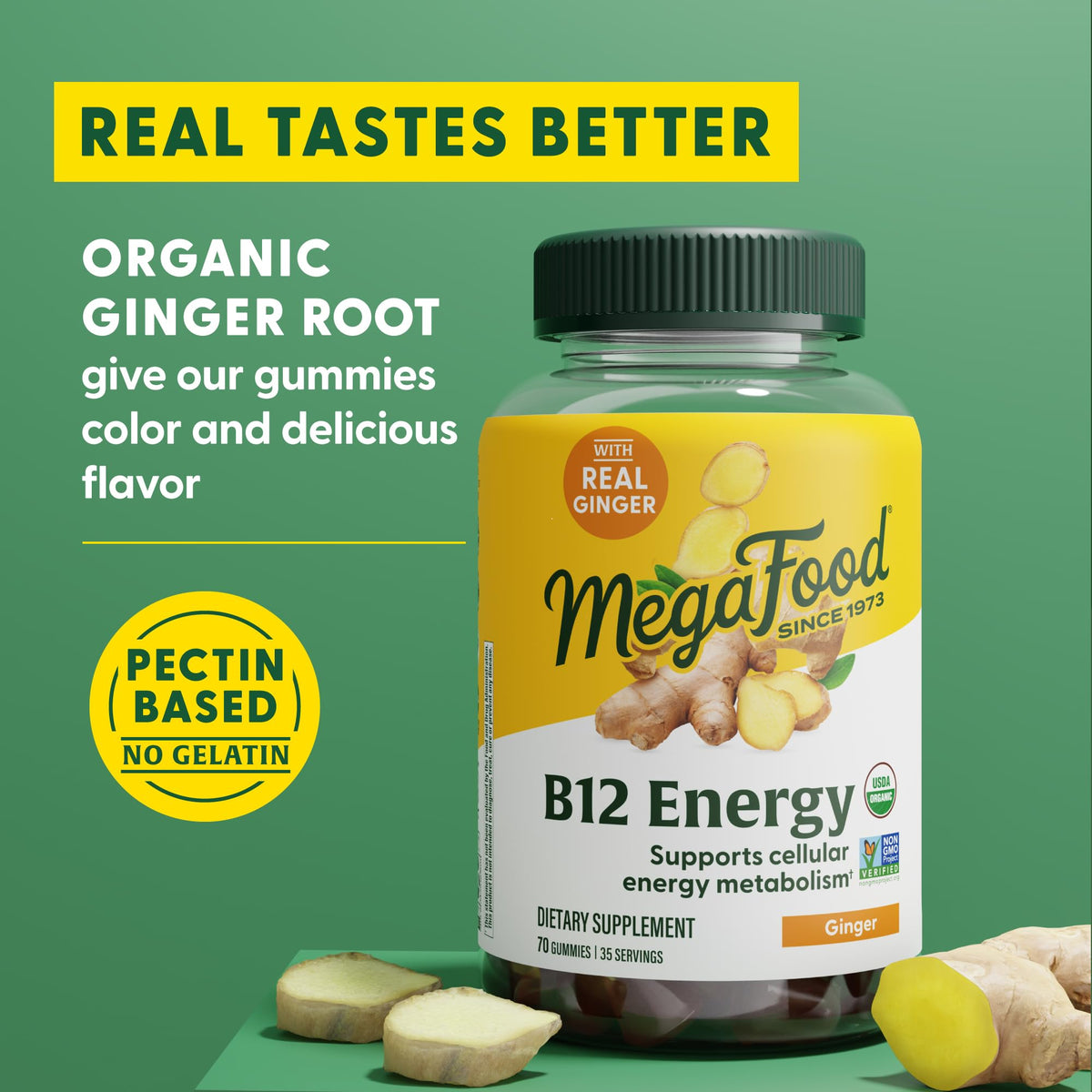 Gominolas energéticas de vitamina B12 de MegaFood — Jengibre, USDA Organic, 70 unidades