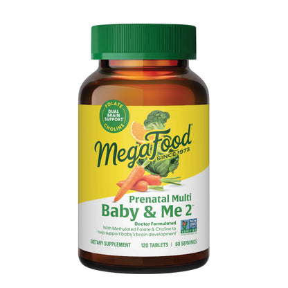 MegaFood Baby & Me 2 Vitaminas prenatales – Folato, colina, hierro y vitamina D | 120 tabletas (60 porciones)