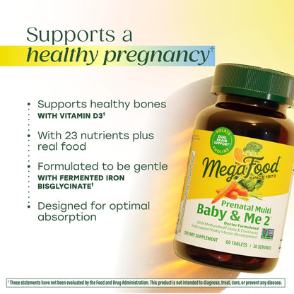 MegaFood Baby & Me 2 Vitaminas prenatales – Folato, colina, hierro y vitamina D | 120 tabletas (60 porciones)