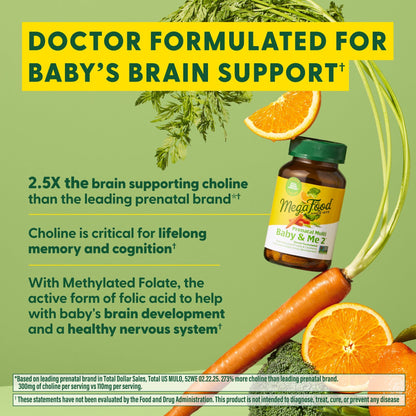 MegaFood Baby & Me 2 Vitaminas prenatales – Folato, colina, hierro y vitamina D | 120 tabletas (60 porciones)