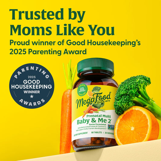 MegaFood Baby & Me 2 Prenatal Vitamins – Folate, Choline, Iron & Vitamin D | 120 Tabs (60 Servings) - Calm Era