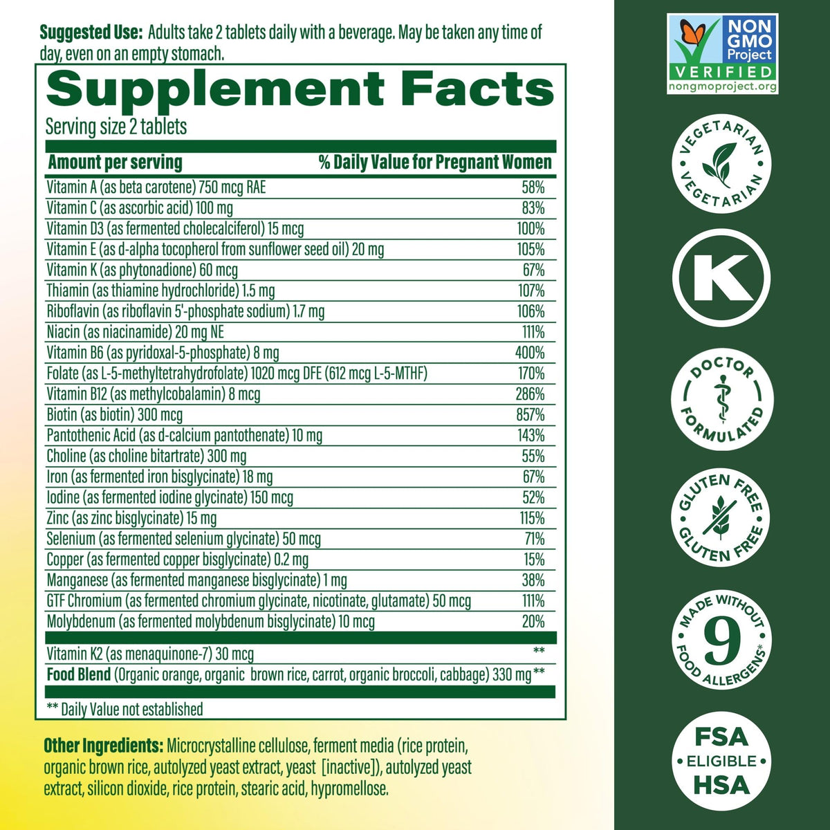 MegaFood Baby & Me 2 Prenatal Vitamins – Folate, Choline, Iron & Vitamin D | 120 Tabs (60 Servings) - Calm Era