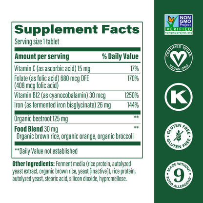MegaFood Blood Builder Iron Supplement – 26mg Iron, Vegan (180 Tablets)