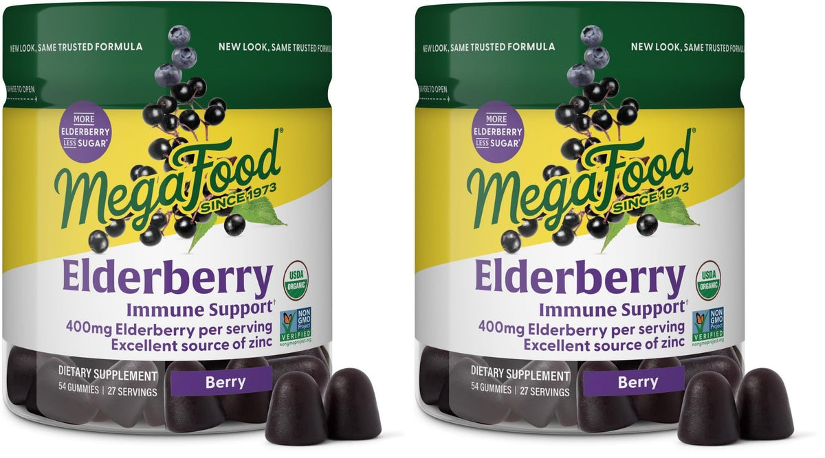 Two containers of MegaFood Elderberry Immune Support supplement on a white background