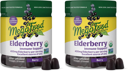 Two containers of MegaFood Elderberry Immune Support supplement on a white background