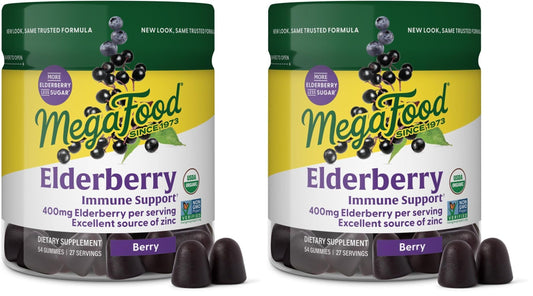 Two containers of MegaFood Elderberry Immune Support supplement on a white background
