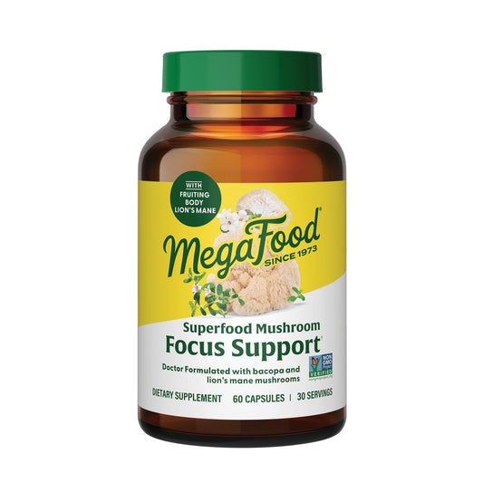 MegaFood Superfood Mushroom Focus Support supplement bottle on a white background