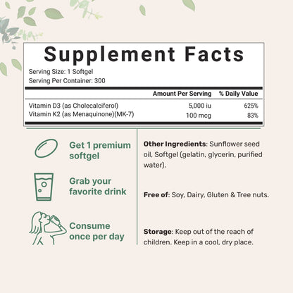 Micro Ingredients Vitamina D3 5000UI + K2 MK-7 100mcg | Paquete de 2 con 600 cápsulas blandas