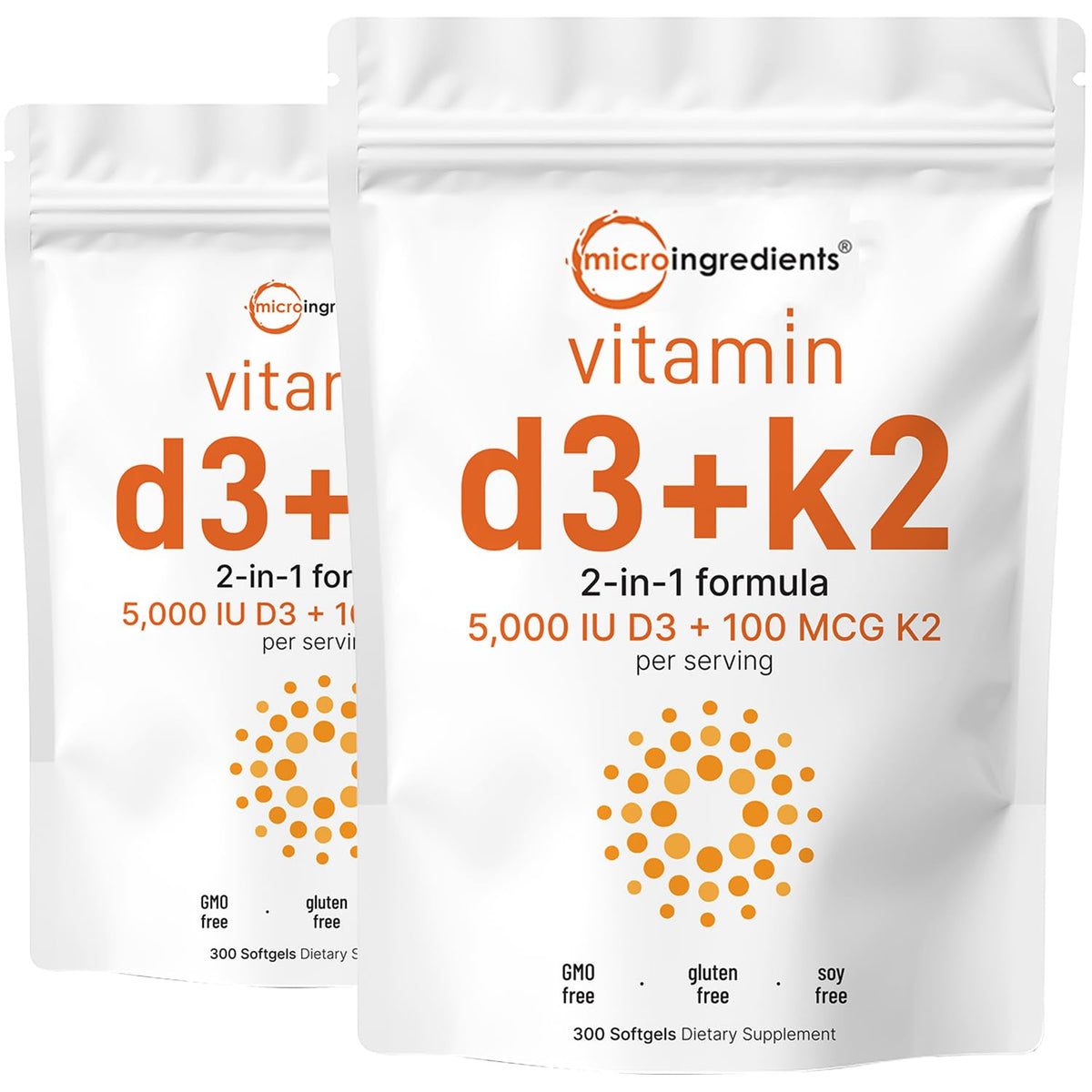 Micro Ingredients Vitamina D3 5000UI + K2 MK-7 100mcg | Paquete de 2 con 600 cápsulas blandas