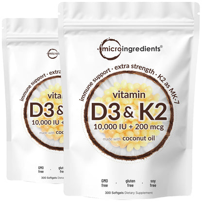 Vitamina D3 10.000 UI + K2 MK-7 200 mcg (2 Paquetes) Cápsulas Blandas | 600 Unidades | Aceite de Coco Virgen