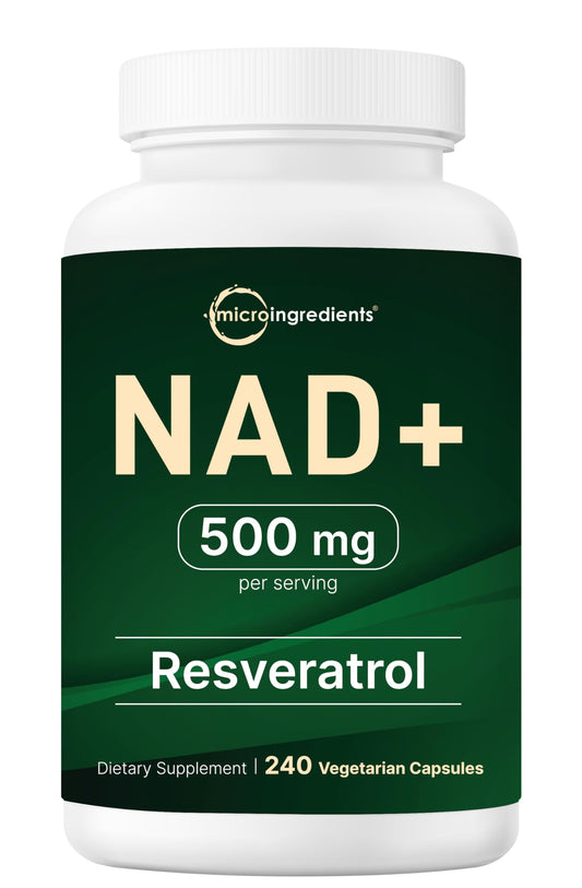 Supplement bottle labeled 'NAD+' with 500 mg per serving and Resveratrol on a white background.