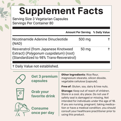 Micro Ingredients NAD+ 500mg con Resveratrol 240 Cápsulas Vegetales