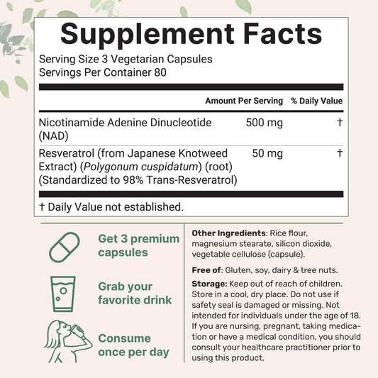 Micro Ingredients NAD+ 500mg con Resveratrol 240 Cápsulas Vegetales