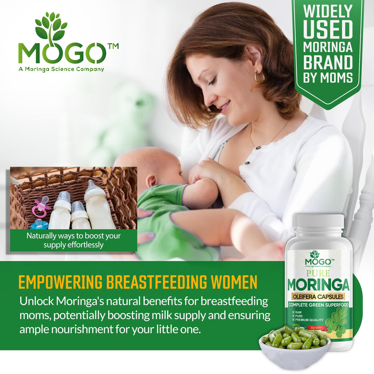 MOGO Organic Moringa Capsules 180ct | Made in USA | No Fillers