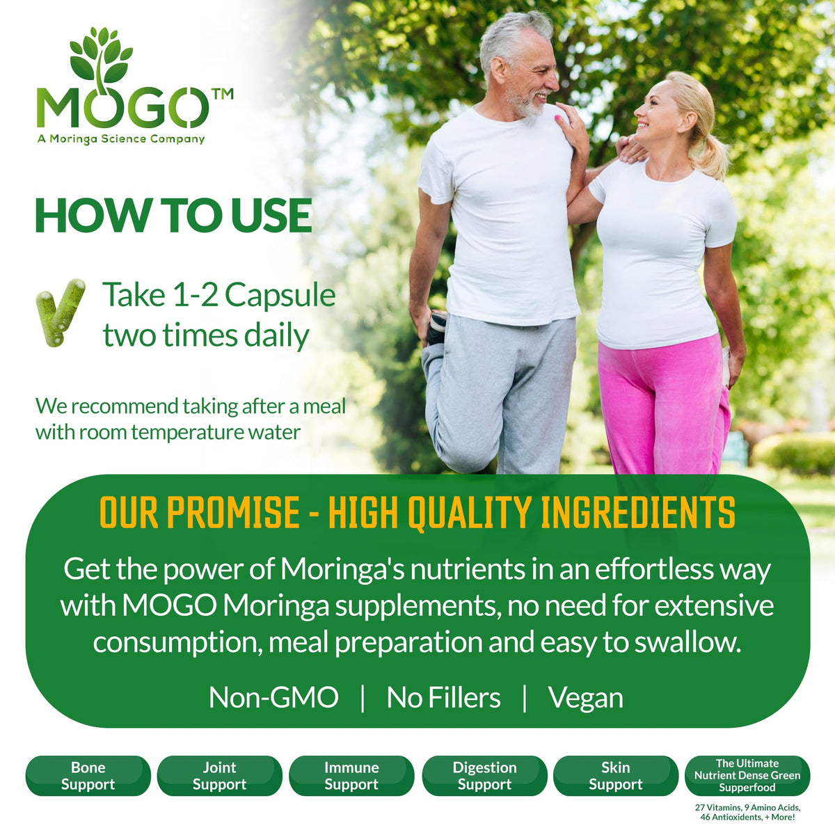 MOGO Organic Moringa Capsules 180ct | Made in USA | No Fillers