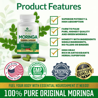 MOGO Organic Moringa Capsules 180ct | Made in USA | No Fillers