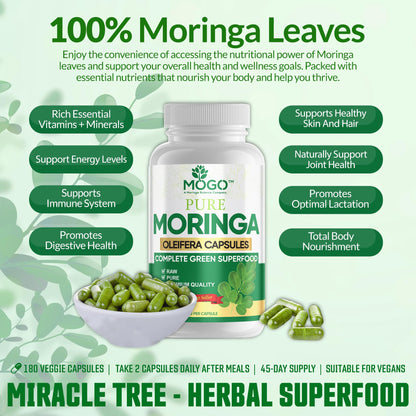 MOGO Organic Moringa Capsules 180ct | Made in USA | No Fillers