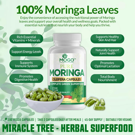 Cápsulas de Moringa Orgánica MOGO 180 unidades | Hecho en EE. UU. | Sin rellenos
