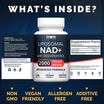 MOM NUTRIX NAD+ Liposomal y Resveratrol – 2000mg | 120 Cápsulas | Hecho en EE. UU.