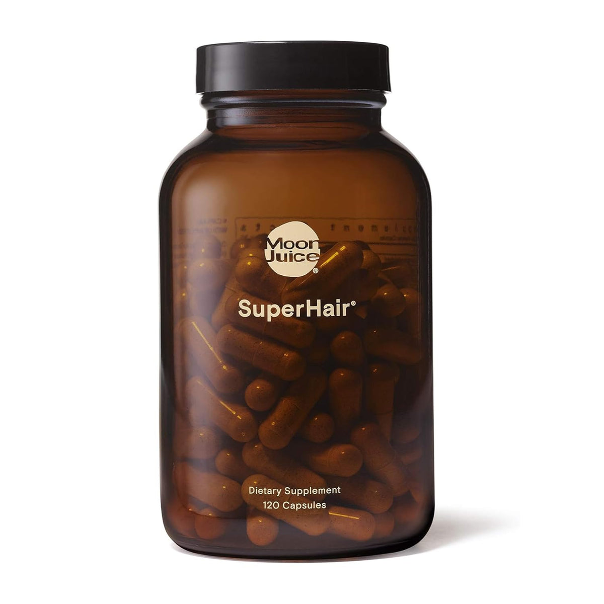 Bottle of Moon Juice SuperHair dietary supplements on a white background