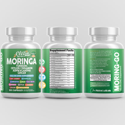 Clean Nutra Moring-Go Cápsulas de Moringa y Cúrcuma 13 en 1